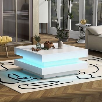 Mesa De Centro Blanca Cuadrada 70 X 70 X 36 Cm, Tablero Giratorio 360° Y Luz Led