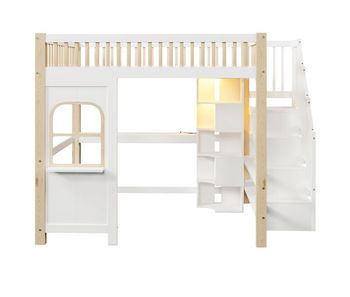 Cama alta 140x200 cm - con luces led, forma de ventana, escritorio, estante y toma de corriente - blanco+natural