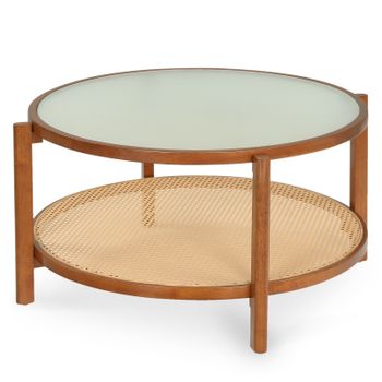 Costway Mesa de Centro Redonda de 2 Niveles con Vidrio Templado Esmerilado y Ratán PE Patas de Madera Maciza de Acacia para Salón Marrón
