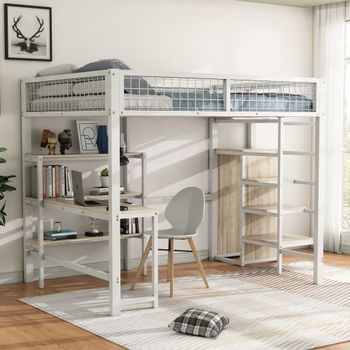 Cama Loft Para Niños 140x200 Cm De Metal Blanco Con Escalera De Almacenamiento, Estanterías, Escritorio Y Armario Integrados - Sin Colchón