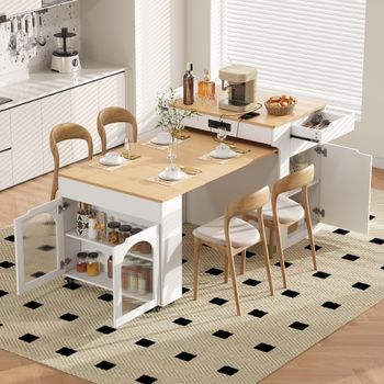 Isla De Cocina Con Ruedas Y Mesa Extensible, Enchufes Integrados, 55-153 X 80 X 93 Cm