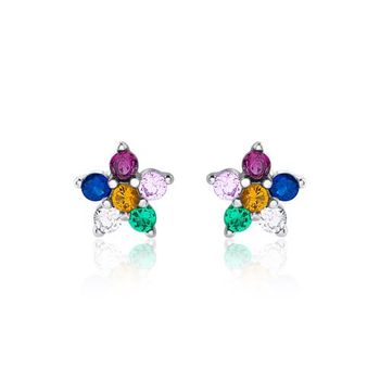 Pendientes flor de plata 925 con circonita, multicolor