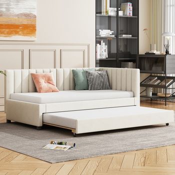 Cama Individual Acolchada Multifuncional Sofá-cama Extensible Con Somier De Listones Terciopelo Beige 90x200 Cm Para Niños Jóvenes Invitados