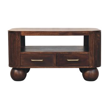 Mesa De Centro Con Patas Esféricas, Madera Maciza, Estilo Artesanal, Color Castaño.