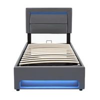 cama con canape de piel sintetica de 90x200cm con led con puertos de carga por cable e inalambrico gris