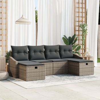 Conjunto De Sofá De Jardín De 6 Piezas Con Cojines Gris Poliratán V5214 Unico / Gris