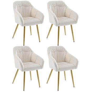 Juego De 4 Sillas De Terciopelo Con Reposabrazos - Pies Ajustables - Beige Y Dorado