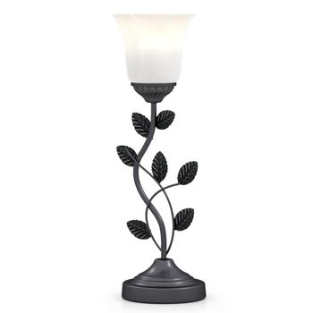 Costway Lámpara de Mesa para Mesita de Noche Lámpara Vintage para Mesita de Noche con Pantalla de Cristal en Forma de Tulipán y Hojas de Metal Negro