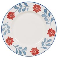 plato llano de ceramica blanca con flores azul y rojo