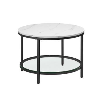 Mesa de Centro Sofá de Mármol de Imitación Redonda Estante de Vidrio, Blanco Mármol + Negro Tinta / 65 x 46 cm
