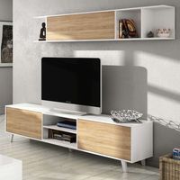 mueble de salon comedor estilo nordico modular blanco brillo y roble 180x54x41cm
