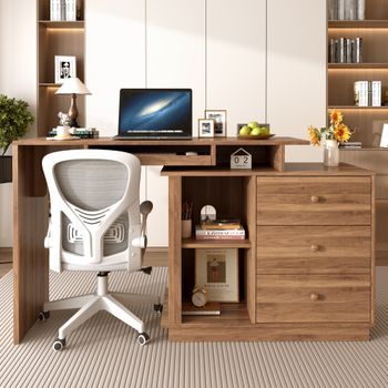 Escritorio Para Ordenador Con Tablero Extensible, 110 Cm, 3 Cajones Y 2 Estantes