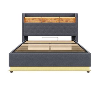 Cama con canapé de lino de 160 x 200 cm - con led y puertos usb - gris