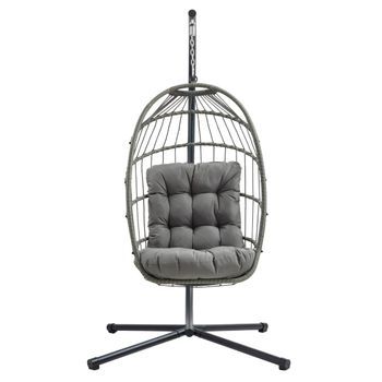 Silla Colgante Tipo Huevo Ratán Gris Con Soporte + Cojín Para Jardín Terraza