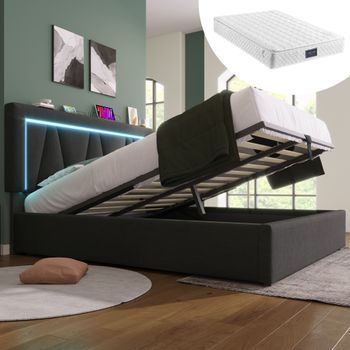 Cama De 140 X 200 Cm Con Colchón, Iluminación Led Con Mando A Distancia, Puerto Usb Tipo C Y Almacenamiento Hidráulico