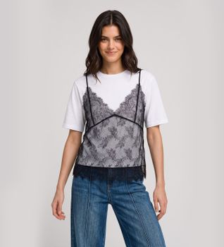 Twinset para mujer. 262TT2553 Camiseta de cuello redondo y top de encaje blanco (M), Casual, Algodón, Manga 3/4