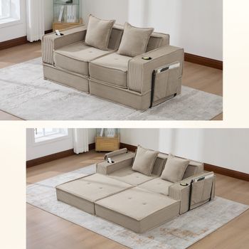 Sofá Convertible De 2 Plazas En Tela Con Puff, Almacenamiento Lateral, Portavasos, Cojines, Moderno