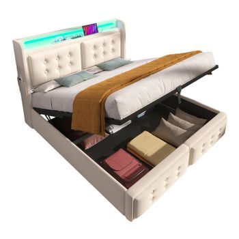 Cama Tapizada De 180x200, Doble, Con Led En El Cabecero Y Usb-c, Sistema Hidráulico, Somier De Láminas De Madera, Algodón, Color Beige, Sin Colchonetas.