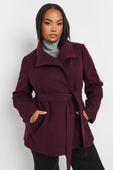 Yours Chaquetón Burdeos De Paño Con Cierre Lateral, Mujer Curvy Y Tallas Grandes, Yours
