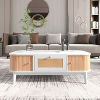 mesa de centro de ratan blanca y madera con almacenamiento 110 x 55 x 385 cm