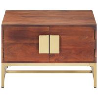 mesa de centro 67x67x45 cm madera maciza de acacia con acabado marron miel y hierro con recubrimiento en polvo color laton - marron