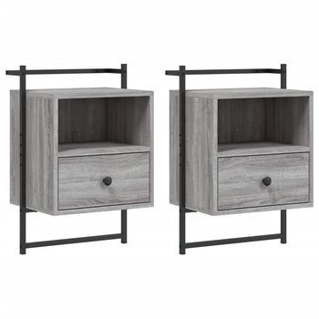 Pack 2 Uds Mesitas De Noche | Mesa Auxiliar | Mesilla De Pared Gris Sonoma 40x30x61 Cm