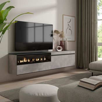Mueble tv efecto madera cemento 200x35x45cm chimenea efecto fuego