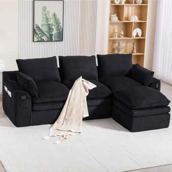 Conjunto De Sofá Modular De 3 Plazas En Pana Negra Con Puff, Cojines, Bolsillos Laterales, Espuma De 3 Capas + Muelles, Cómodo, Ideal Para Salón Oficina