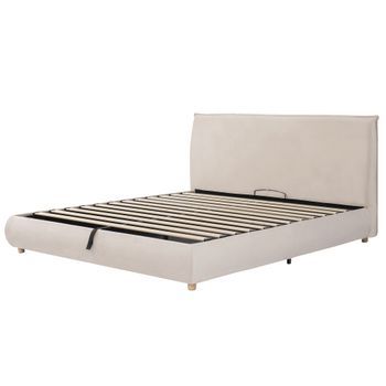 Cama Tapizada De 180x200 Cm, Doble, Con Sistema Hidráulico, Somier De Láminas, Cabecero Con Amplio Compartimento De Almacenamiento, Patas De Madera Maciza, Terciopelo, Color Crema.