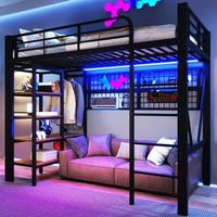 cama alta 90 x 200 cm con red baldas y barra para colgar ropa - metal - leds - negro colchon no incluido