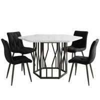 conjunto de comedor mesa hexagonal efecto marmol y 4 sillas negras