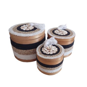 Cajas de bambú, cuentas y conchas, multicolor - juego de 3