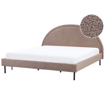 Cama Minimalista Bouclé Tapicería Poliéster Somier Cabecero Semicircular 180 X 200 Cm Gris Pardo Margut