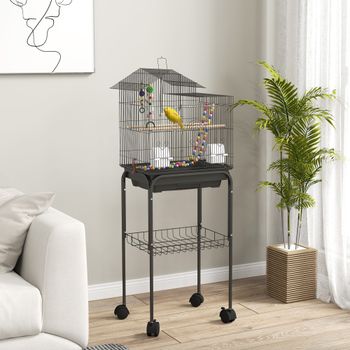 PawHut Jaula para Pájaros con Ruedas Comederos Perchas 48x64x74 cm Gris