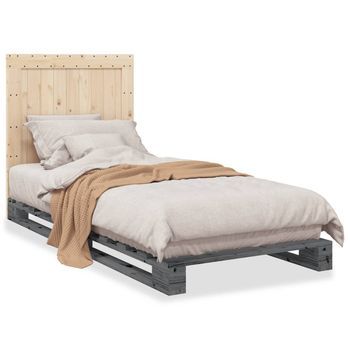 Cama Individual | Cama Para Adultos | Estructura De Cama Con Cabecero Madera De Pino Gris 90x200 Cm