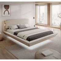 cama de matrimonio flotante con cabecero  con somier de lamas  beige  cama madera y lino  modelo diana  para colchon de 150x190