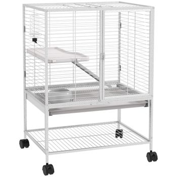 PawHut Jaula para pequeños animales con ruedas 2 niveles con 2 puertas, 1 rampa, 1 estante de almacenamiento 61,5x44,5x86 cm Gris   Aosom España