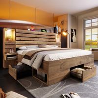 cama de 160 x 200 cm con mesitas de noche suspendidas 3 cajones y nichos - mdf  metal - focos led y puerto usb tipo c - roble colchon no incluido