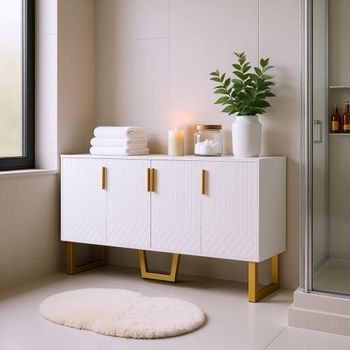 Mueble de baño blanco con patas doradas y almacenaje cerrado.