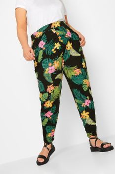 Yours Pantalón Negro Doble Pinza Estampado Tropical, Mujer Curvy Y Tallas Grandes, Yours