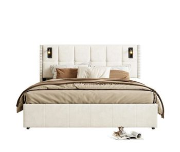 Cama hidráulica 160x200 cm con canapé, usb, luz de lectura y somier de lamas