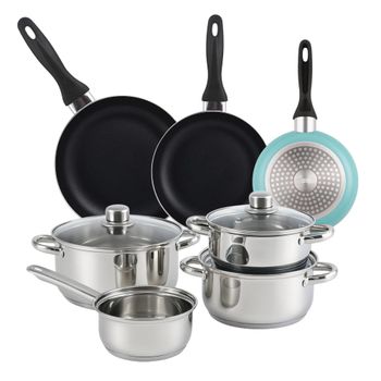Batería de cocina 7 piezas de acero inox y sartenes azul ø16,20,24 cm
