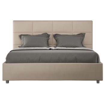 Cama De Matrimonio Mira 160x200 Cm Tapizada En Polipiel Cappuccino Con Somier De Láminas Y Box Spring-color Beige Claro-ropa De Cama 140x190 Cm-opción Con Base Y Sin Caja