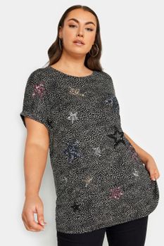 Yours Camiseta Negra Estampada Con Estrellas De Lentejuelas, Mujer Curvy Y Tallas Grandes, Yours