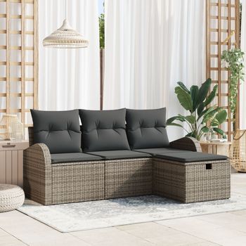 Conjunto De Sofá De Jardín De 4 Piezas Con Cojines Ratán Poliéster Gris V2510 Unico / Gris