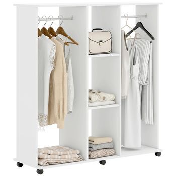Armario Ropero Abierto De Madera Blanca Con 6 Ruedas Giratorias, 120 X 40 X 128 Cm – Blanco