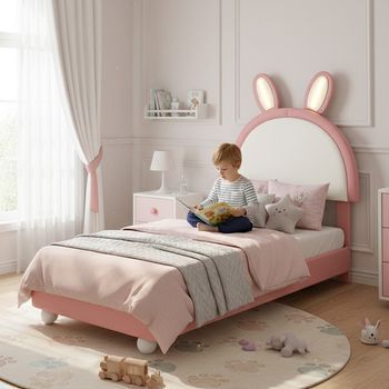 Cama Individual Tapizada Con Cabecero En Forma De Conejo, Tira Led, Marco Estable, Color Rosa Y Blanco, 90x200 Cm