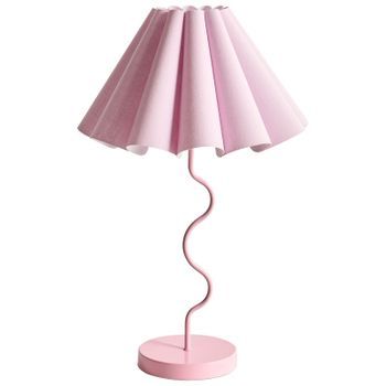 Lámpara De Mesa Moderna Decorativa Con Base De Metal Ondulada Y Pantalla En Forma De Campana De Tela Rosa Masumu