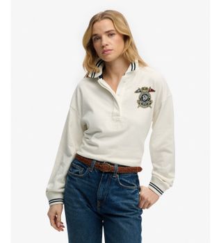 Superdry para mujer. W6012211A Polo Crest Rugby blanco (S), Casual, Algodón, Manga larga