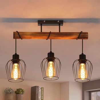 Nettlife Lámpara De Techo Vintage De Madera: Lámpara De Cocina De Metal E27 De Diseño Industrial De 3 Luces En Negro (bombillas No Incluidas)